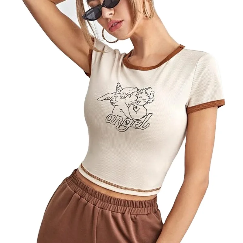 

Custom Lady Wholesale Crop Top T Shirts Angel And Letter Graphic Ringer Tshirt For Women, Customized avaiable