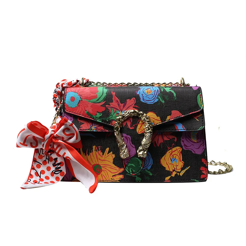 

Summer Style Small Square Bags Colorful Flower Printing Women Sling Bags Metal Chain Scarf Decor Dionysus Bag, Black / white