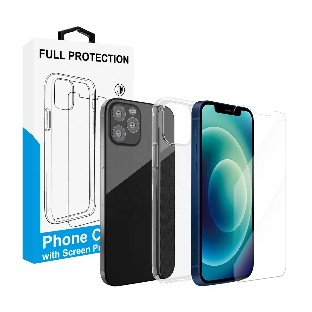 

Shockproof Clear TPU Bumper Phone Case with 2.5D Tempered Glass Screen Protector Bundle for iPhone 12 Pro Max, Transparent, accept customized