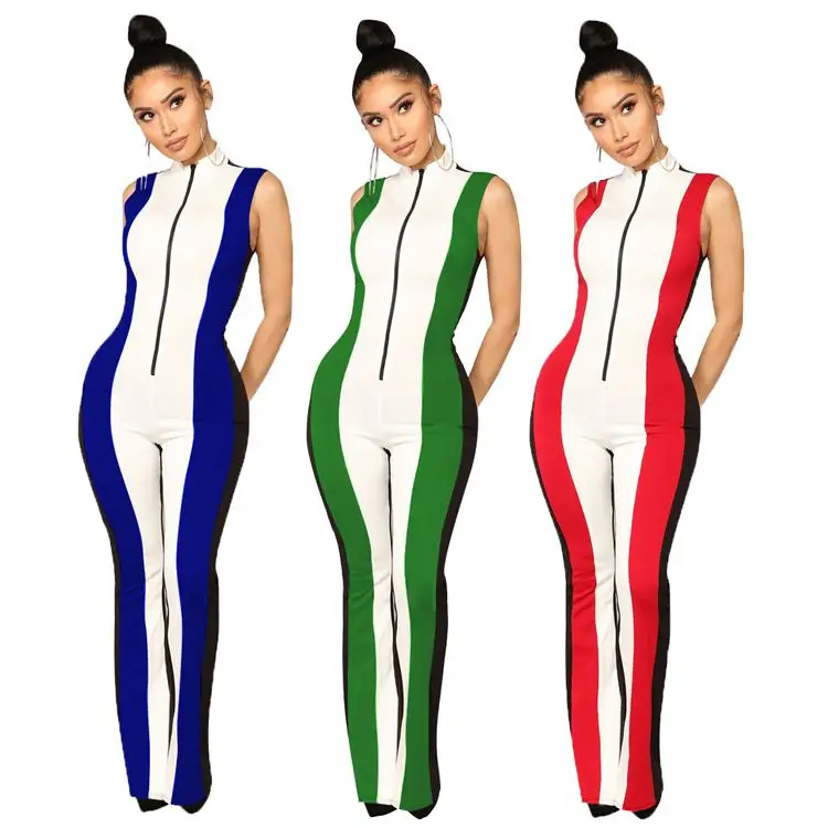 

0320M014 fashion new design sleeveless cntrast color long zipper straight pants ladies jumpsuit 2021 woman romper for summer
