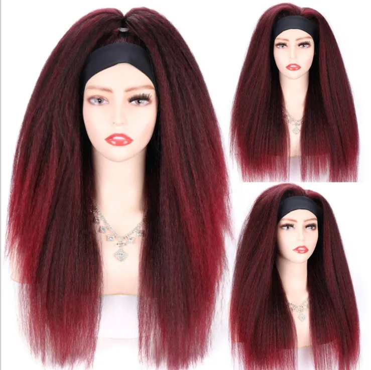 

Wholesale Medo Kinky Straight Ombre Color Burgundy Highlight Brown Wigs Synthetic african Yaki Headband Wigs For Black Women