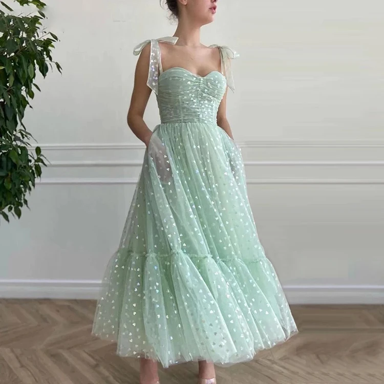 

Sweetheart Bow Verde Menta Vestido De Fiesta Corto Elegant Lace Mint Green 2021 Evening Gowns Tulle Prom Dress For Women