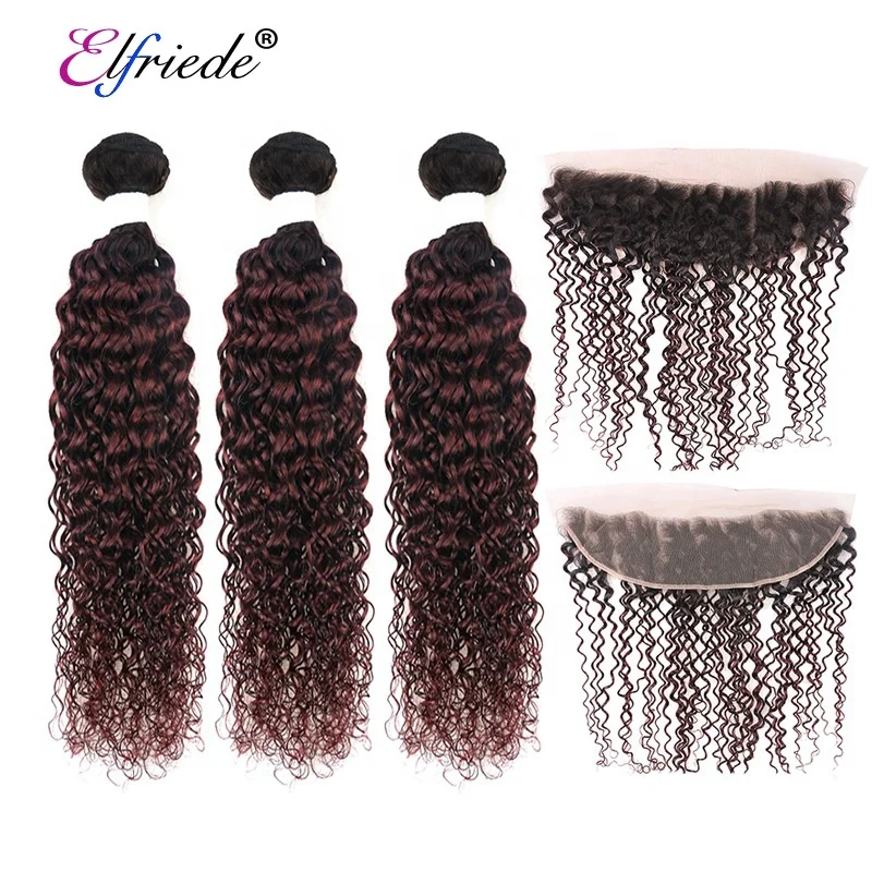 

#T 1B/99J Kinky Curly Hair Bundles with Frontal Brazilian Remy Human Hair Weaves with 13"x4" Lace Frontal JCXT-302