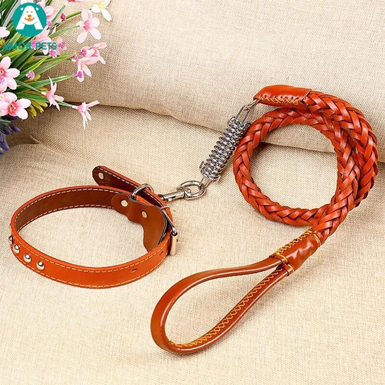 

Dog Gold Logo Braided Leash And Hemp Luxury Set Studded with Handle Pet Collar Pu Leather, Customized color
