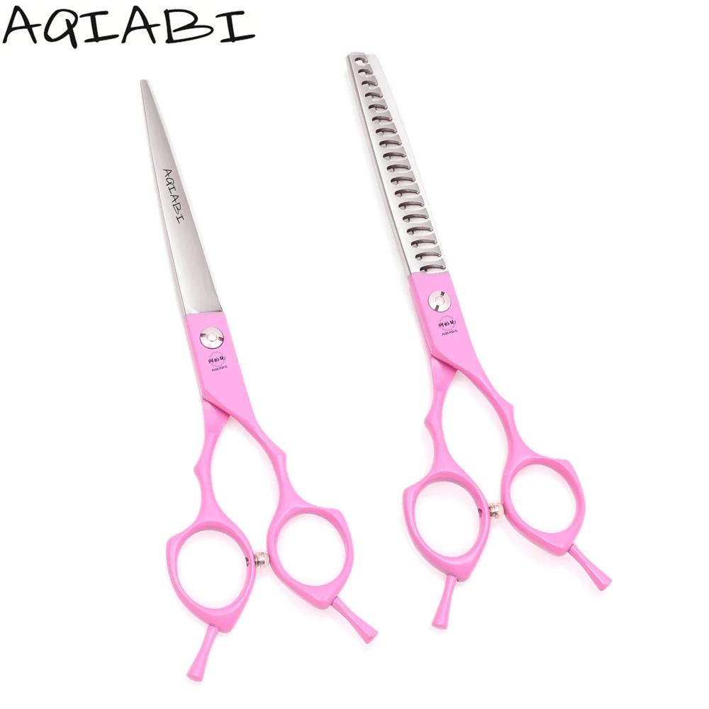 

Dog Scissors 6.5" AQIABI JP 440C Grooming Scissors Set Straight Shears Thinning Shears Pet Scissors Pink A9029, Pink handle