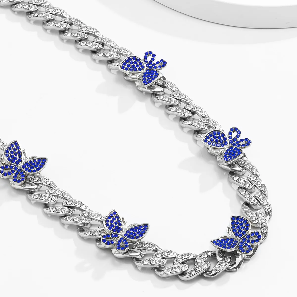 

Iced Out Hip Hop CZ Tennis Chain Necklace Jewelry For Women Cuban Chain Blue Butterfly Choker Necklace