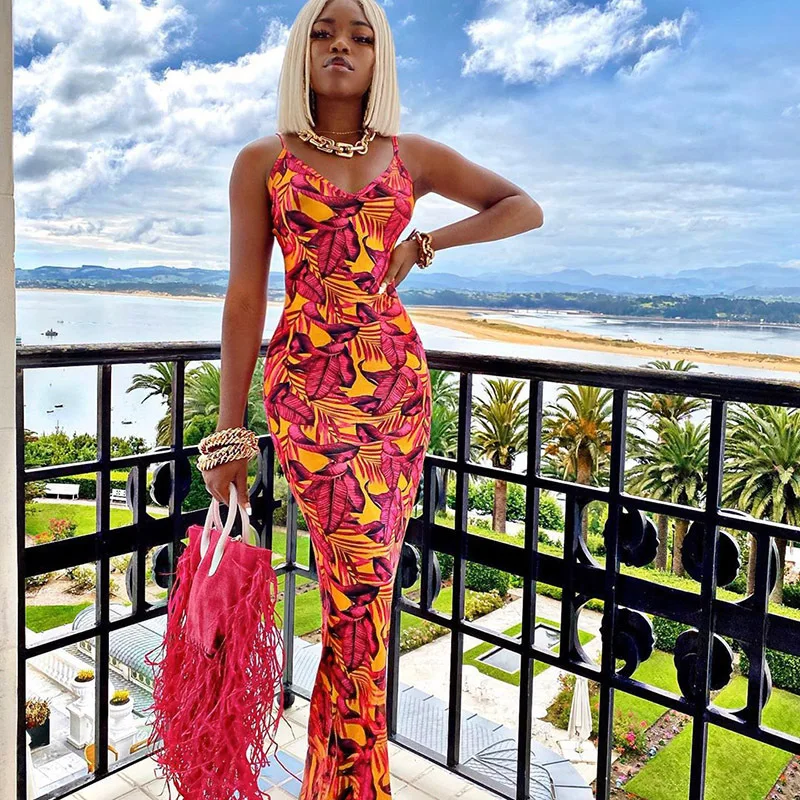 

women summer maxi dresses women elegant party sleeveless printing v neck skinny pencil dress sundress clothing C13793
