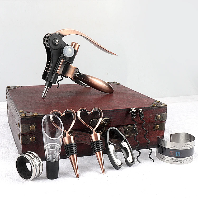 

Factory Directly Sale Deluxe 9 kits Wine Corkscrew Gift Set in Antique Wooden Box for Anniversary, Birthday, Christmas Wedding