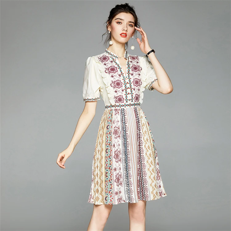 

2021 summer dress new women's short sleeve mid-length retro waist ethnic dress floral dress