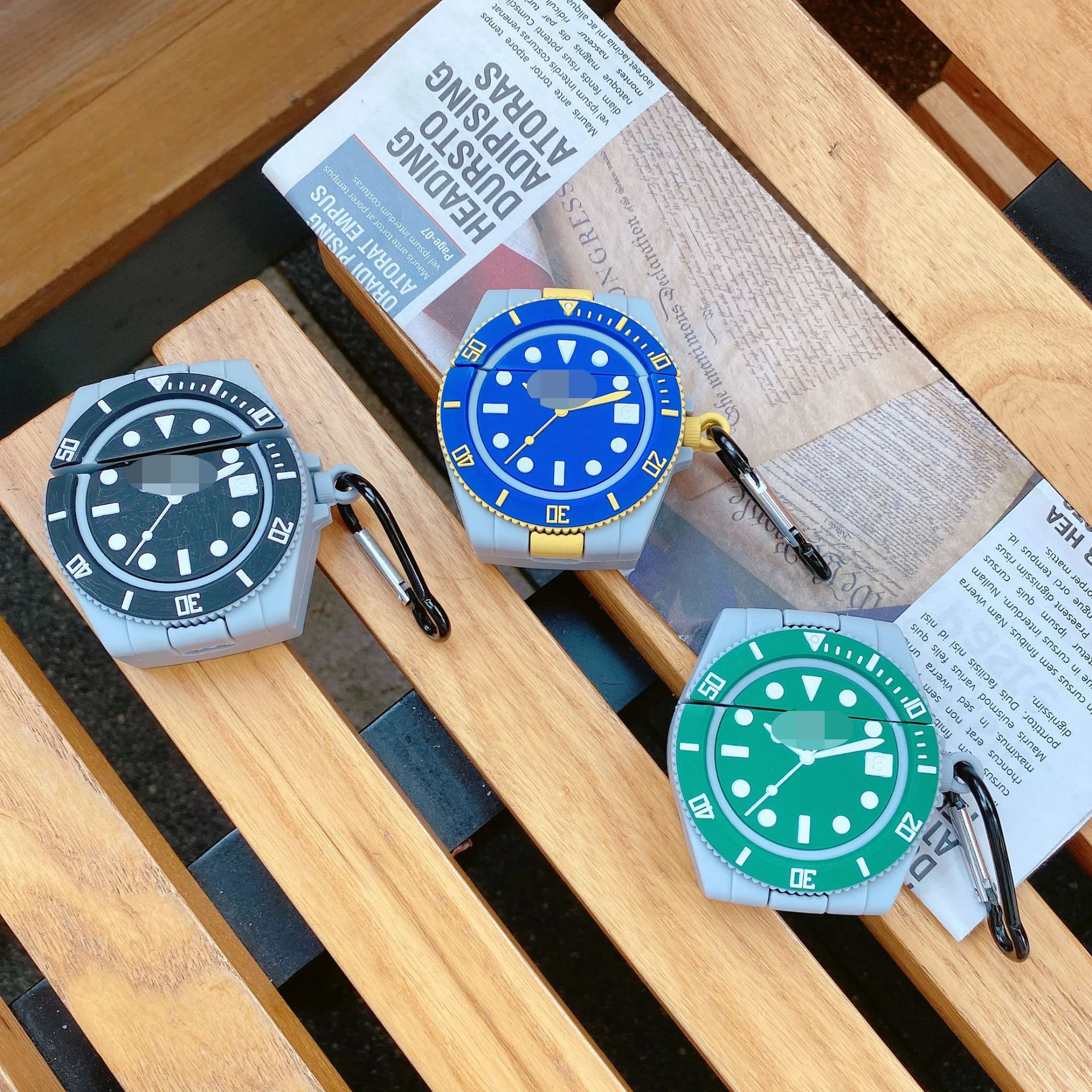 

Hot Sale 3D New Luxury Watch Design Earphone Case with Keychain for Airpods 1/2 Upscale Brand Style Protective Cover for Airpods, Blue/green/black
