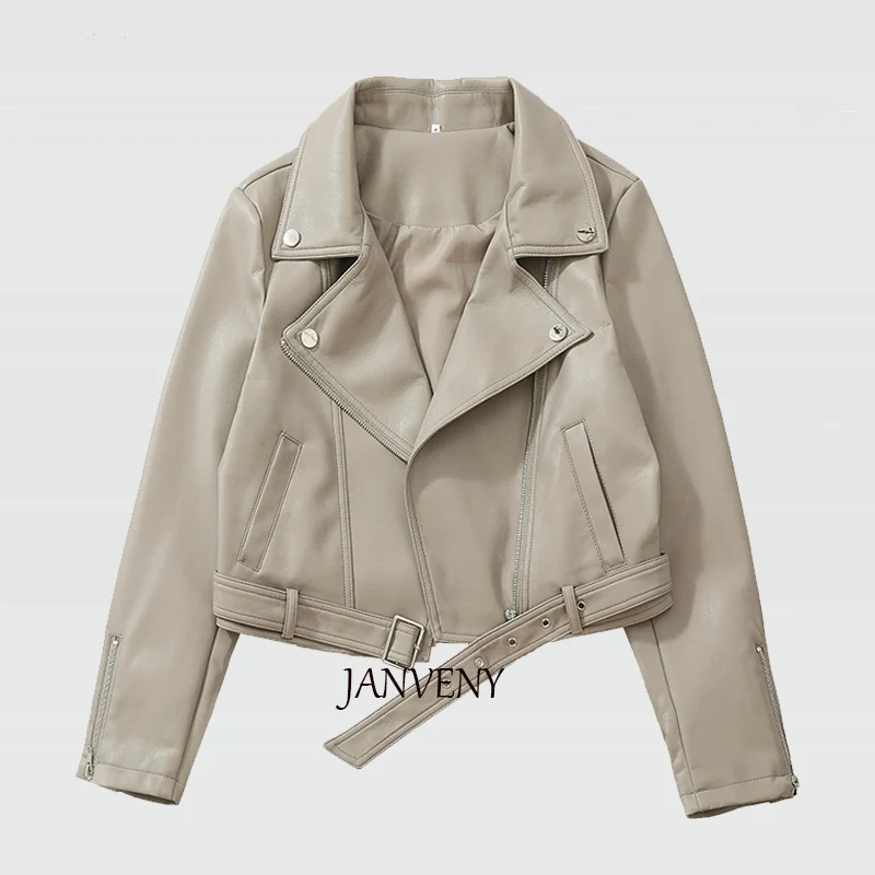 

JANVENY High Quality Women Winter Slim Fit Fashion High Waist Female Motorcycle Pu Faux Leather Jacket