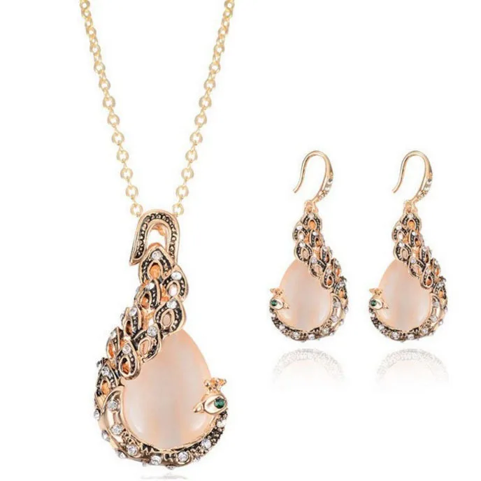 

Elegant Women Wedding Party Accessories Waterdrop Pendant Rhinestone Opal Necklace Earring Jewelry Set