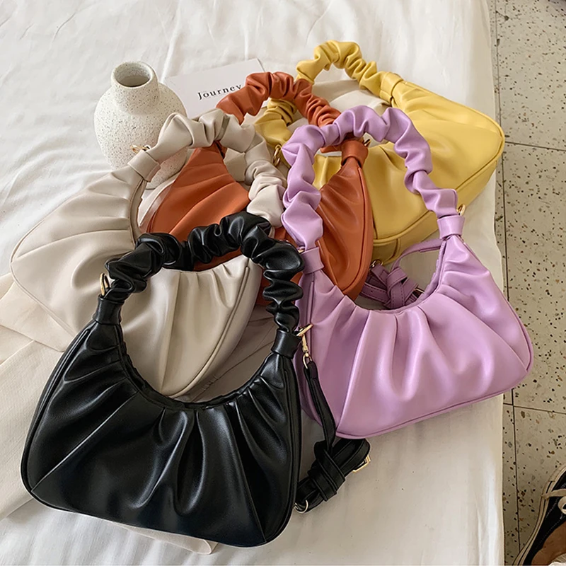 

Moon Design Fashion Sweet Girls Bags Soft PU Leather Shoulder Bags For Women 2020 Portable Luxury Ruched Cloud Hand Bag