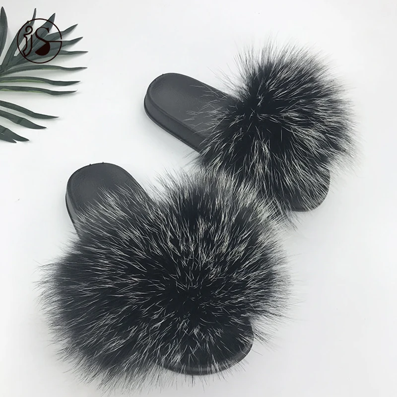 

2021 Competitive Various Styles furry sandals Exquisite real big raccoon fur slippers Plush fur slides for ladies, Picture