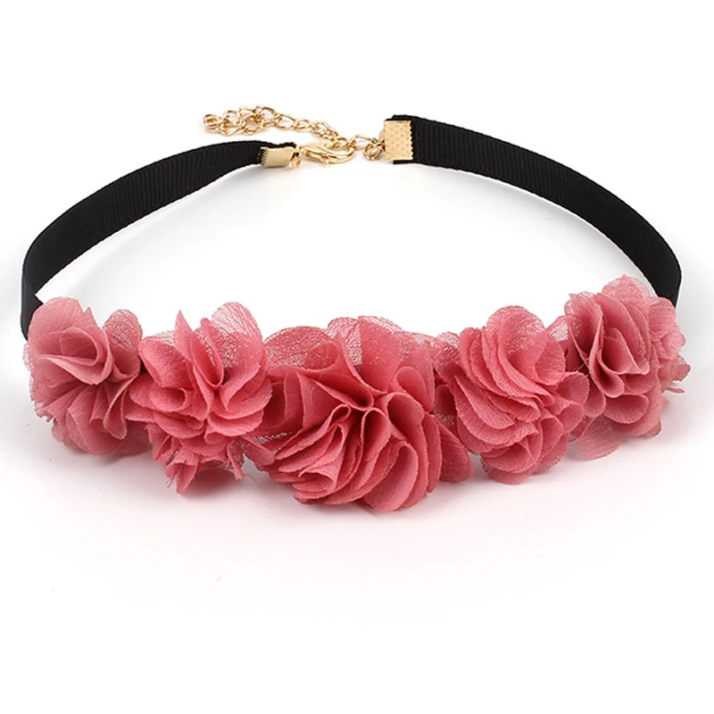 

Women Girls Fancy Elegant Handmade Veil Fabric Pink Rose Flower Choker Necklace