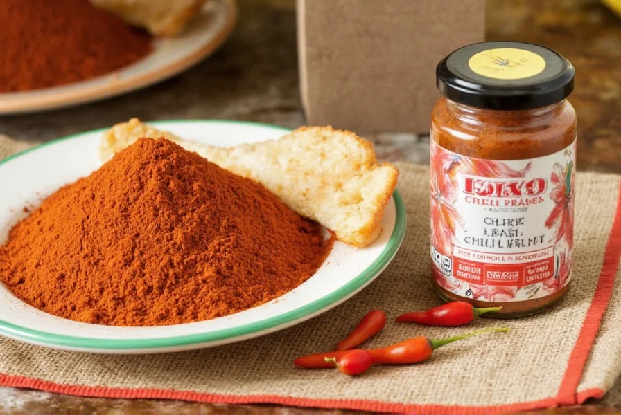 Close-up of chimayo chili powder poured onto a wooden spoon