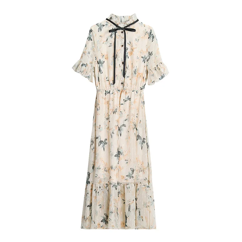 

Wholesale Women Tie Neck Floral Print Beautiful Chiffon Midi Dress Summer, 1 color