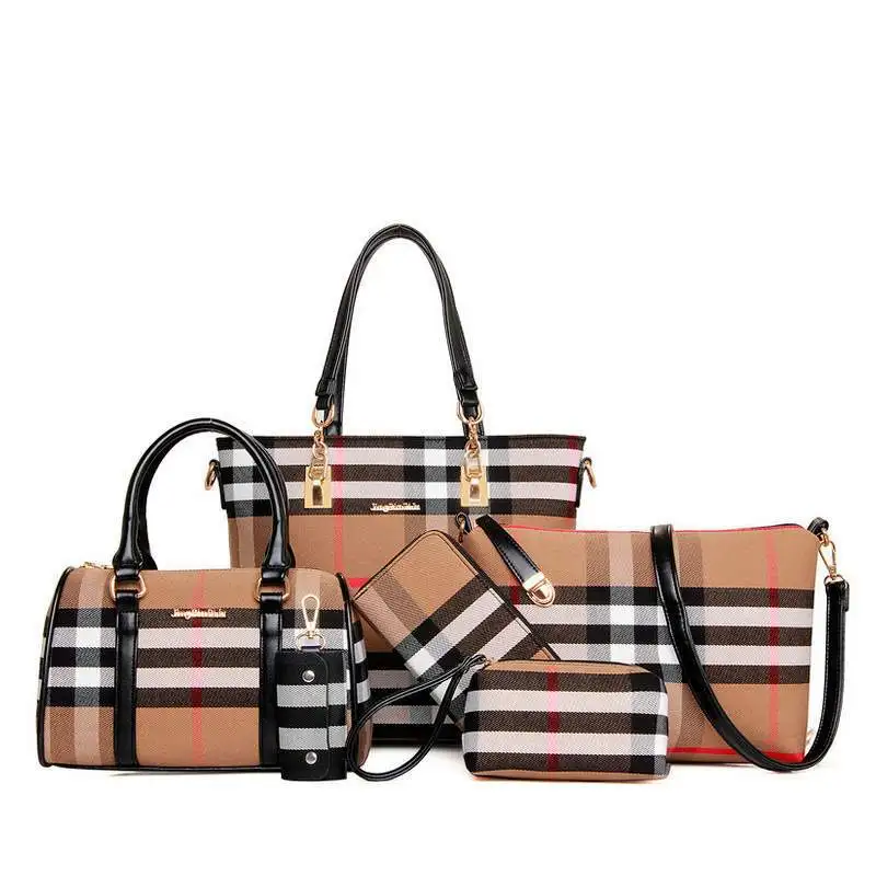 

Women Purses and Handbags Striped Tote Satchel Hobo and Wallet Set 6 PCS Gift Set Tote