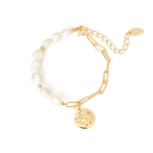 

New Arrival Gold Coin Astrology Zodiac Sign Charm Bracelet Freshwater Baroque Pearl Bracelet Jewelry For Women Men, Gold/customized