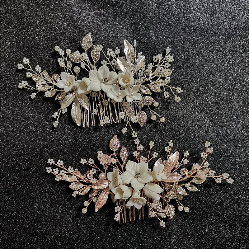 

SLBRIDAL Handmade Rhinestone Crystal Ceramic Flower Alloy Leaf Wedding Hair Comb Bridal Headpiece Hair accessories Women Jewelry