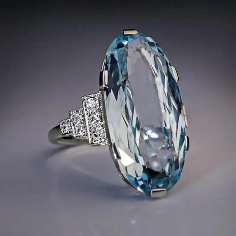 

CAOSHI Jewelry Super Large Oval Light Blue Crystal Shiny CZ sea Blue gemstone Silver Ring for Women