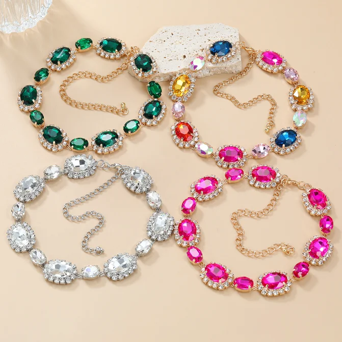 

Luxury Fashion Pink Rhinestone Glass drill chain Choker Necklaces earring set for Women Geometric Crystal Necklaces Wed Jewelry