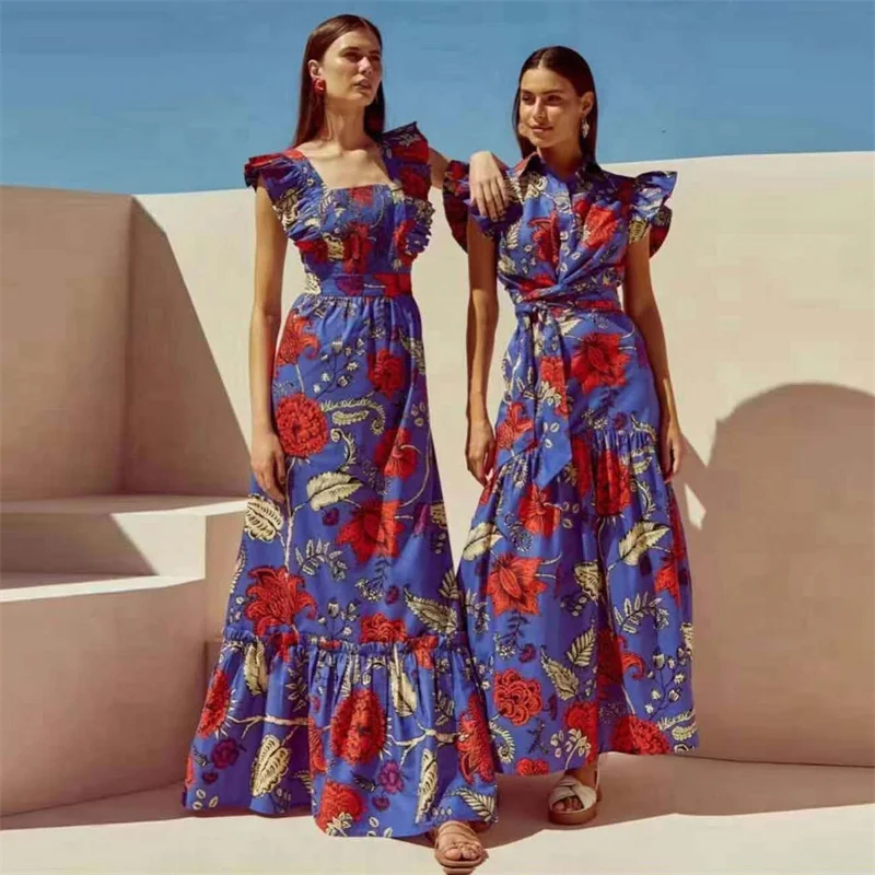 

A5077 Fashion New Floral Print Ruffled Sleeve Belted Long Skirt Set For Women