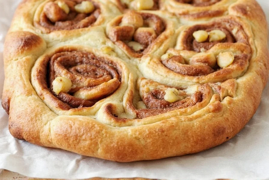 Close-up of cinnamon roll sourdough focaccia slice showing layered swirl pattern