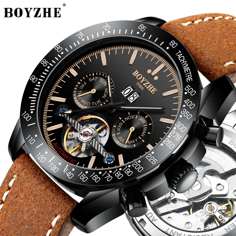 

Hot selling automatic luxury mens Luminous mechanical watch Factory oem BOYZHE top brand watch, Black