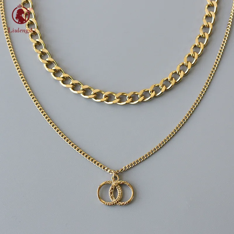 

Jewlery Layered Gold Plated Cuban Chain Necklace Stainless Steel Texture Double Ring Circle Pendant Necklace