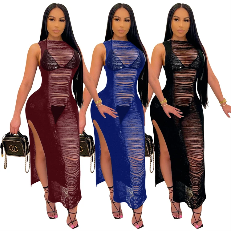

DUODUOCOLOR Summer solid color casual sleeveless hollow out see through slit skirt plus size ladies sexy long dress D10310