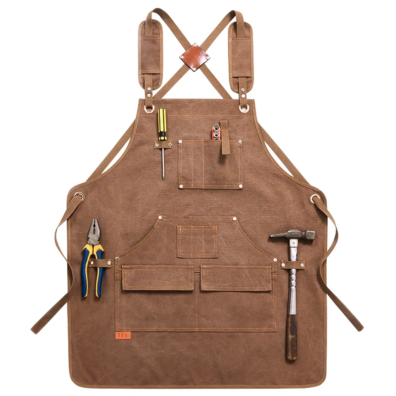 

Heavy Duty Tool Apron, Waxed Canvas Work Apron for Men, Adjustable Woodworking & Machinist Shop Apron with Tool Pockets, Brown