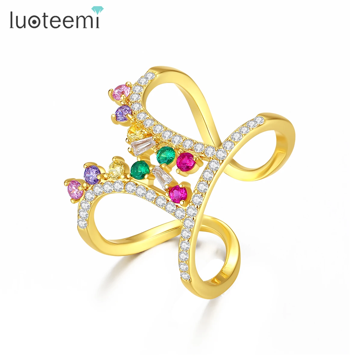 

LUOTEEMI Zircon Metal Trendy Woman Color Resizable Big High End A AA Zirconia Pave Jewelry Statement Ring