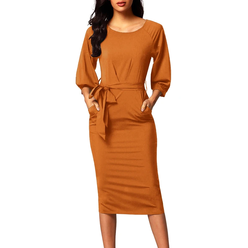 

Wholesale Fashion Pencil Dress Puff Sleeve Belt Chiffon Midi Dresses