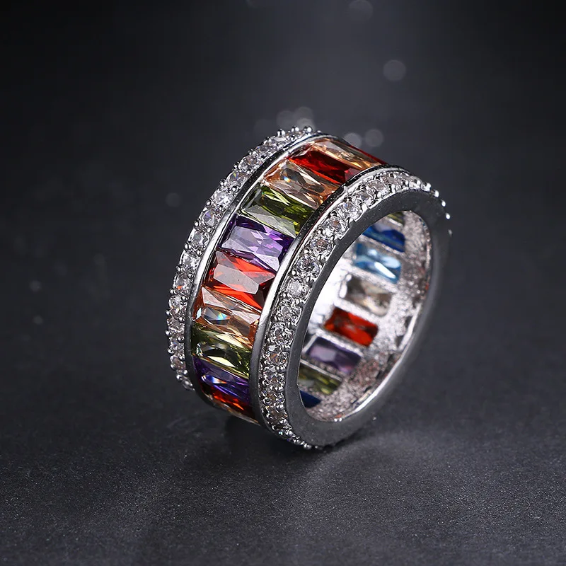 

Square Crystal Round Silver Copper Wedding Rings Cubic Zirconia Charm Rainbow Stone Ring