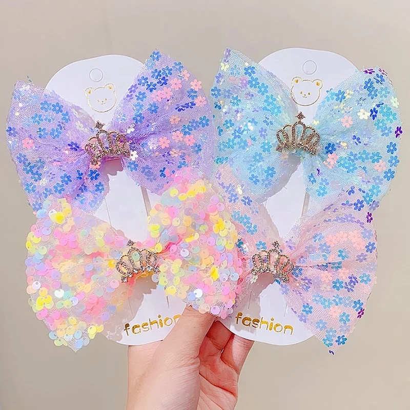 

flower shaped sequins bow clips crown hair accessories for girls