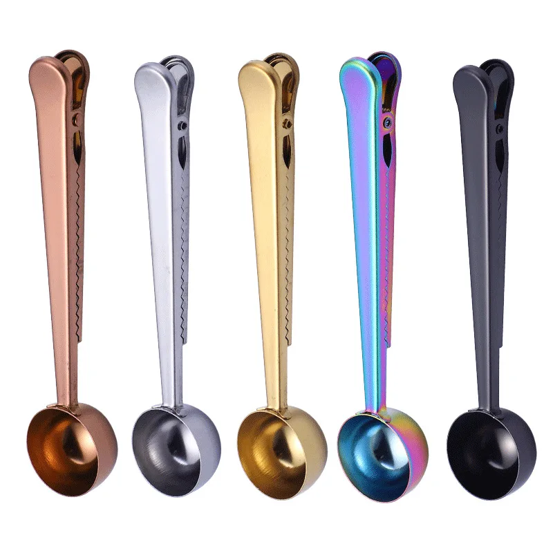 

Amazon Hot Sale Coffee Scoop Clip 2 in 1 Long Handle Tablespoon Stainless Steel Coffee Spoon with Bag Clip, Silver/gold/rose gold/black