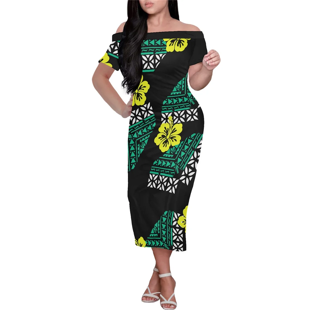

Fashion Black Short Sleeve Close-Fitting Off Shoulder Dress Polynesian Tribal Soft Fabrics Formal Occasions Dress Low Price, Customized color