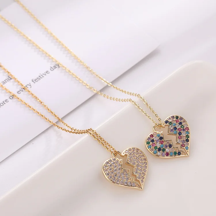 

New Arrival Gold Color Crystal Clear Peach Heart Clavicle Necklace Chic Colorful Cubic Zirconia Broken Heart Pendant Necklace