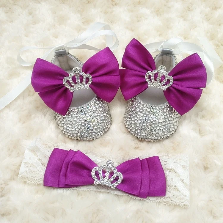 

8 Colors Soft Sole Baby Girls Crown Shoes Diamond Glitter Baby First Walking Shoes with Hair Bow