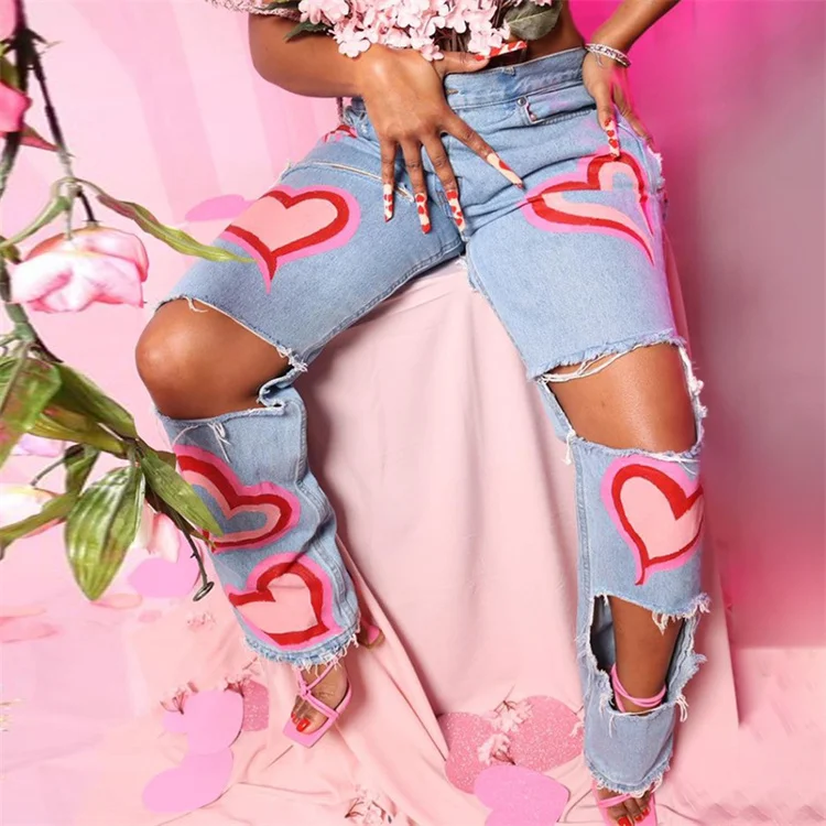 

Hot Sell Women Floral Print Straight Ripped Denim Pants Fashion Ripped Jeans Women, Customized color