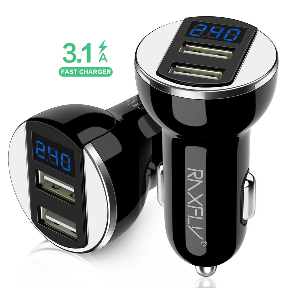 

Free Shipping 1 Sample OK Dual USB Ports Car Charger Digital LED Display RAXFLY Phone Car Charger 5V/2.4A Smart Car Charger