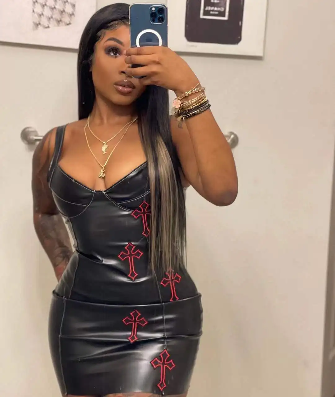 

2022 Fashion Cross Embroidery Pu Leather Sexy Mini Black Spaghetti Strap Bodycon Dress Women