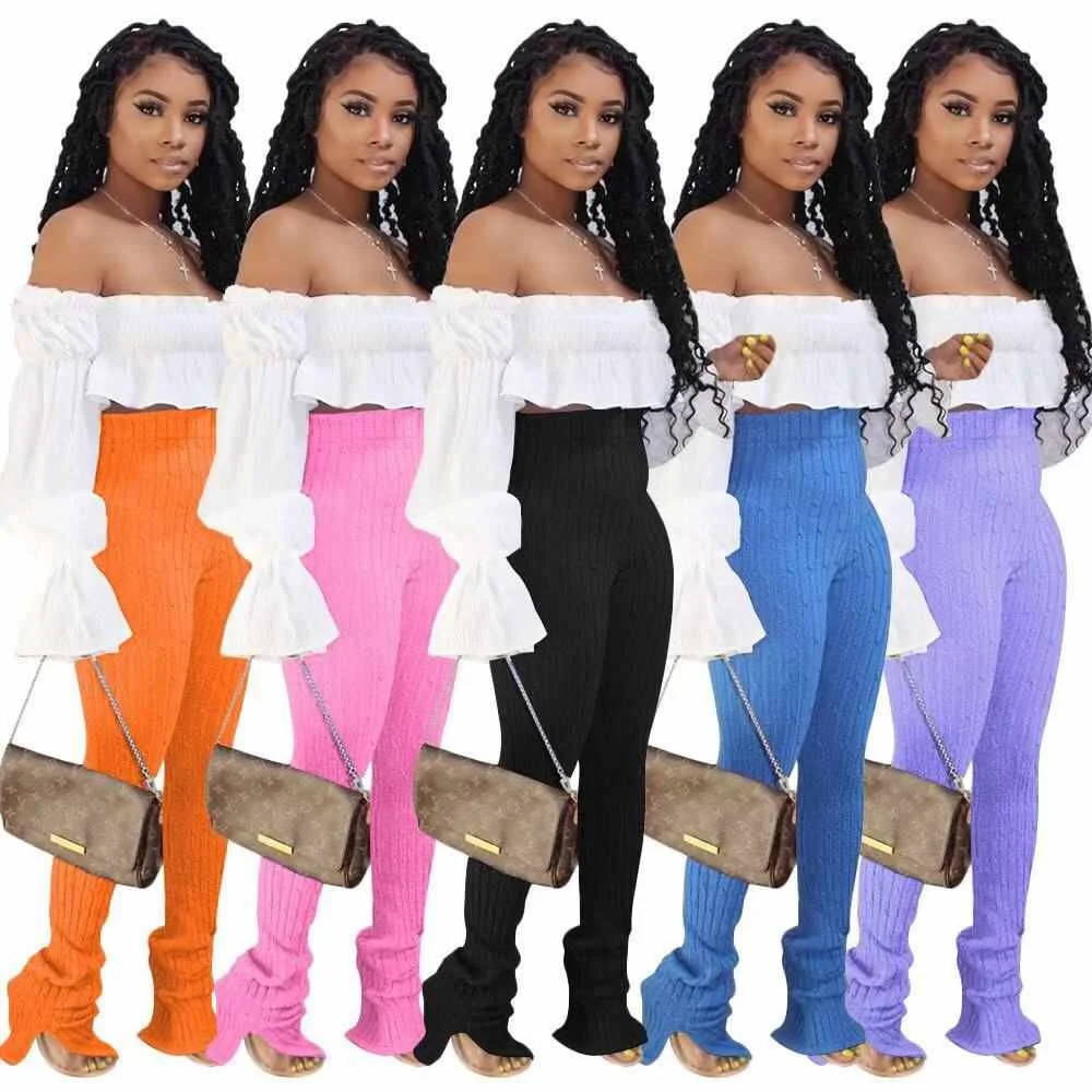 

Factory price Ready to ship Wholesale female pants solid knit rib slit women fashion high waist pants