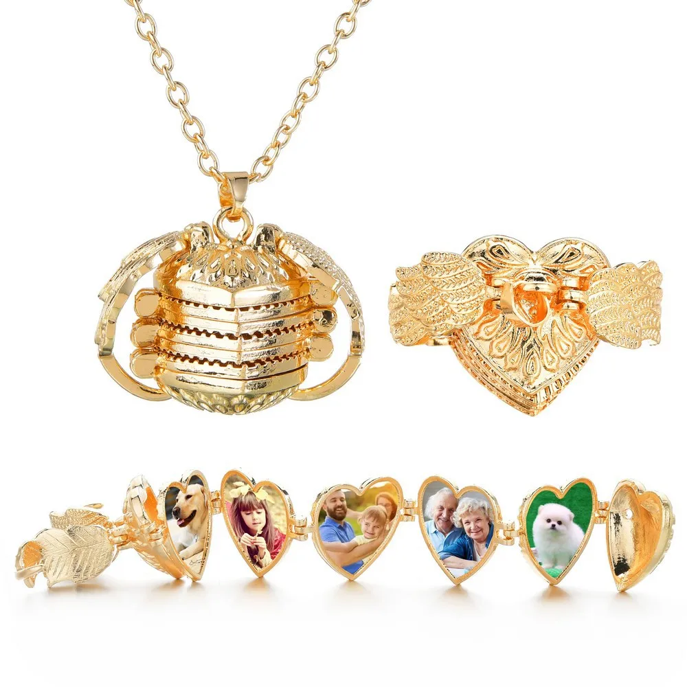 

Ruigang March Expo European Angel Wing Expanding Ruigang Heart Floating Living Memory Photo Locket Family Necklace