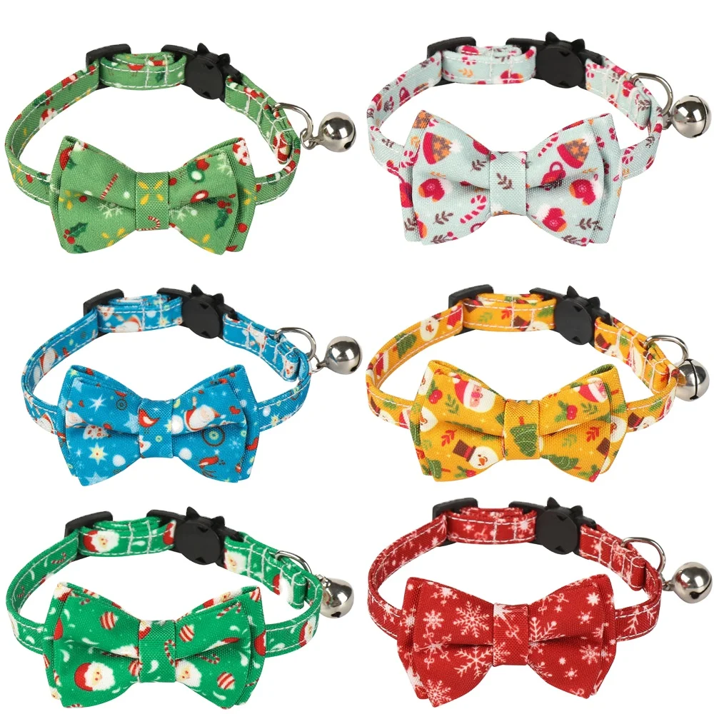 

Hot Sale Holiday Pattern Custom Nylon Bowknot Christmas Dog Collar Cat Collars Bell, As pictures