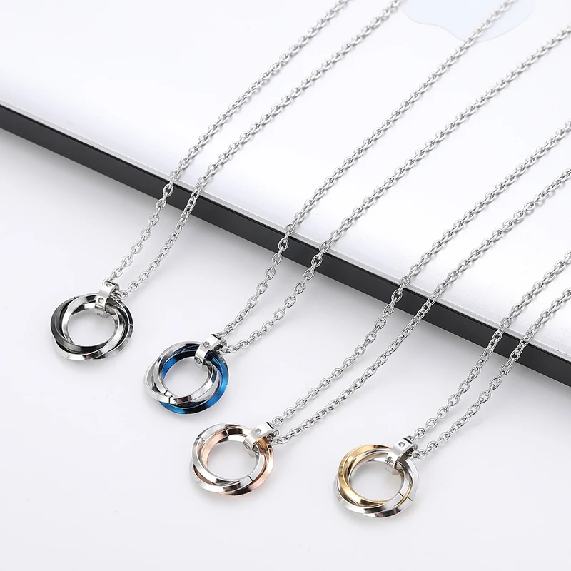 

Stainless Steel Couple Crystal Circle Pendant Necklace Engraved Love Double Ring Pendant Couples Ring Necklace