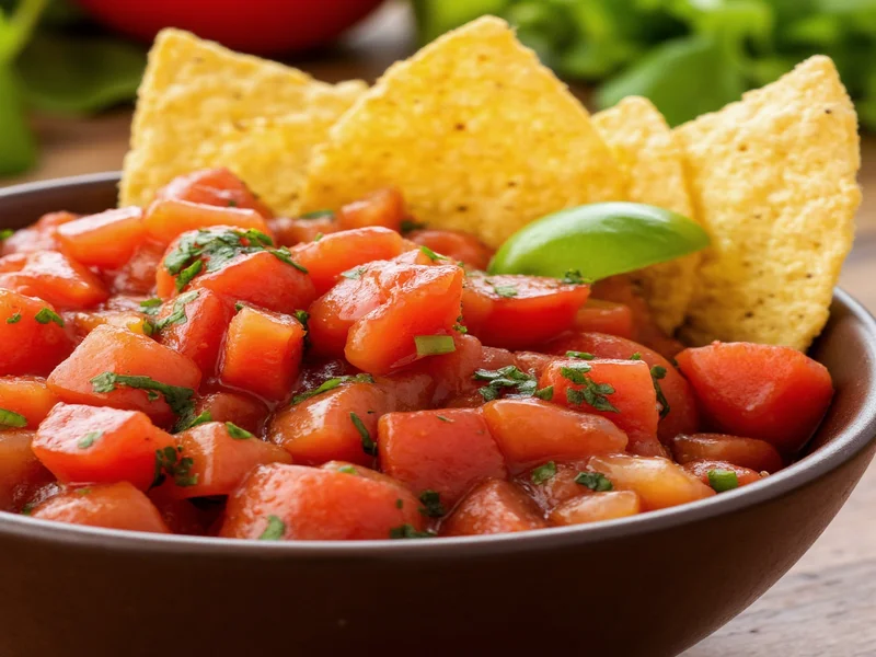 Homemade fresh tomato salsa in serving bowl with tortilla chips