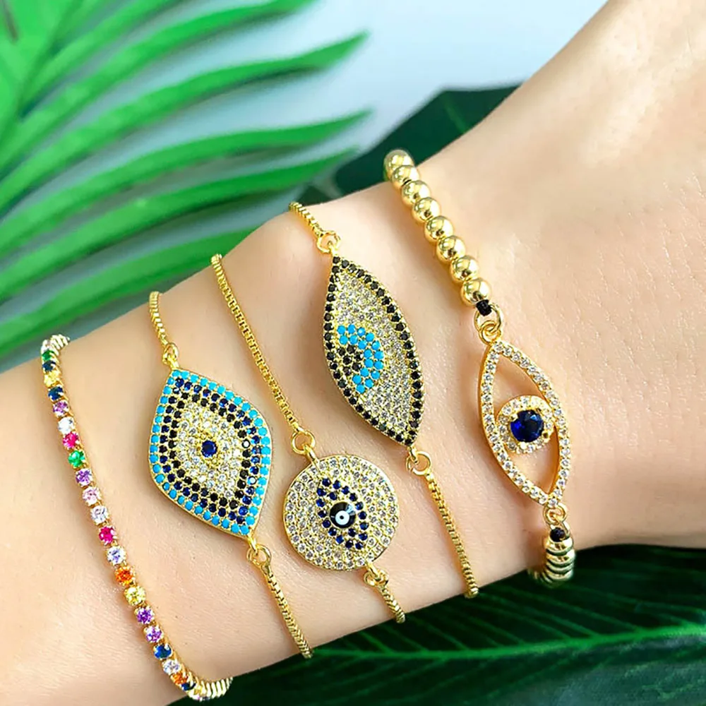 

Bohemian fashion trendy bisuteria beaded cubic zircon colorful tennis cz eye charm 18k gold plated bracelet