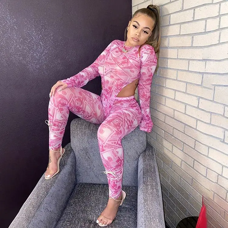 

Women Outfit Dollar Print Clothing Pink Long Sleeve Sexy Bodycon Body suit jumpsuit 2020 sexy two piece women